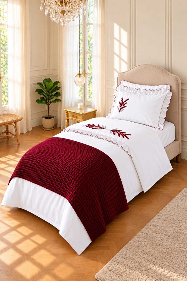 Trigo Burgundy Floral Embroidered Cotton Duvet Cover Set 5 Pieces with Runner Modern Single Set
