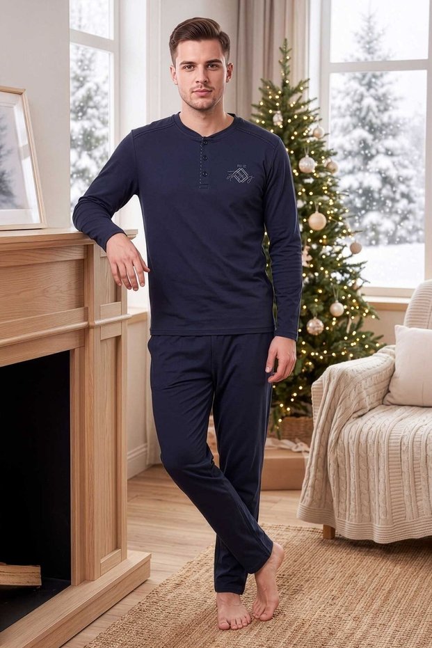 Men's Buttoned Long Sleeve Pajama Set Navy Blue 100% Cotton