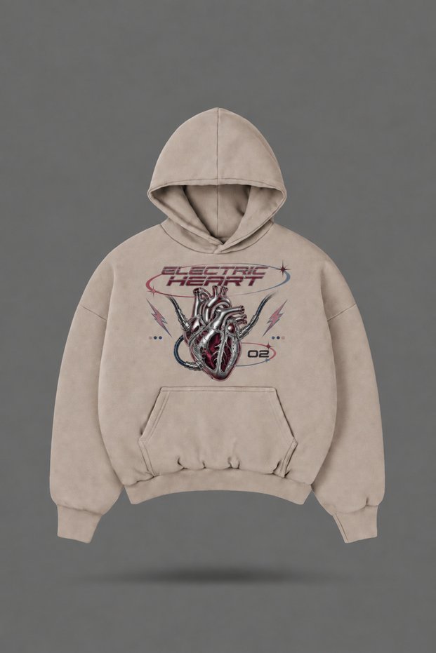 Oversize Y2K Electric Heart Printed Hooded Beige Sweatshirt