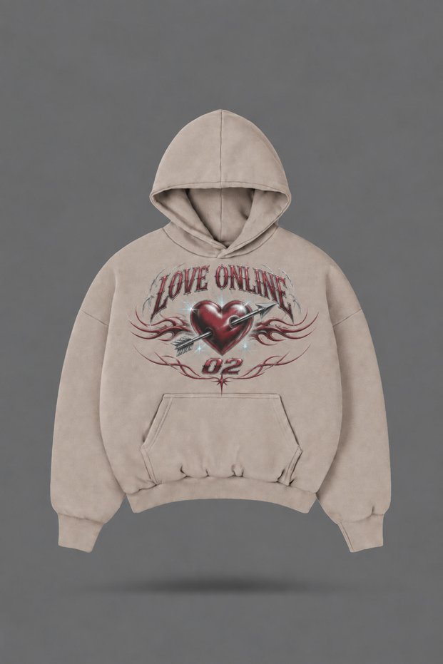 Oversize Y2K Love Online Printed Hooded Beige Sweatshirt
