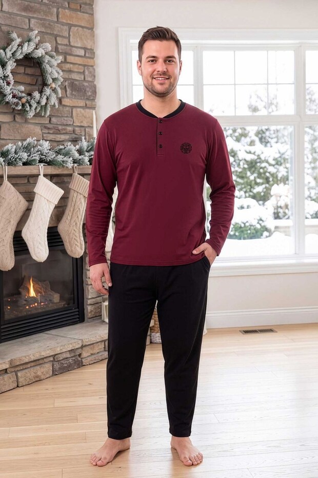 Men's Long Sleeve Plus Size Pajama Set Claret Red 100% Cotton