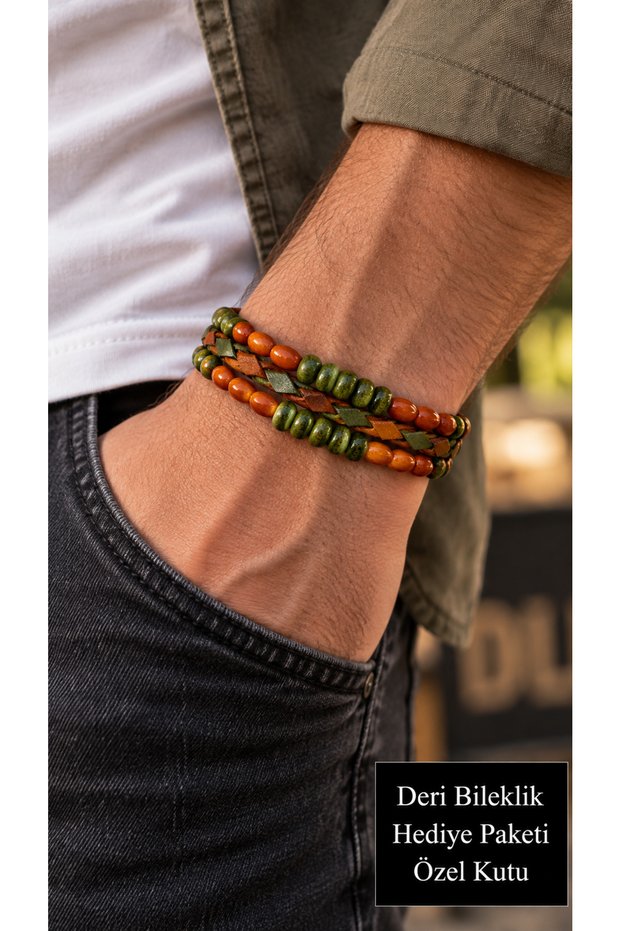 Damaris Oliveember Orange Green Beaded Men's Bracelet - Multi-Strand Leather