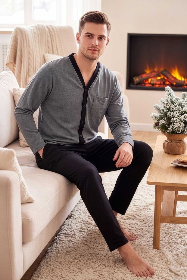 Men's Buttoned Long Sleeve Pajama Set Gray 100% Cotton
