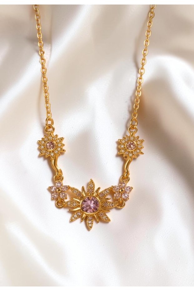 Pink Stone Sun Flower Steel Necklace
