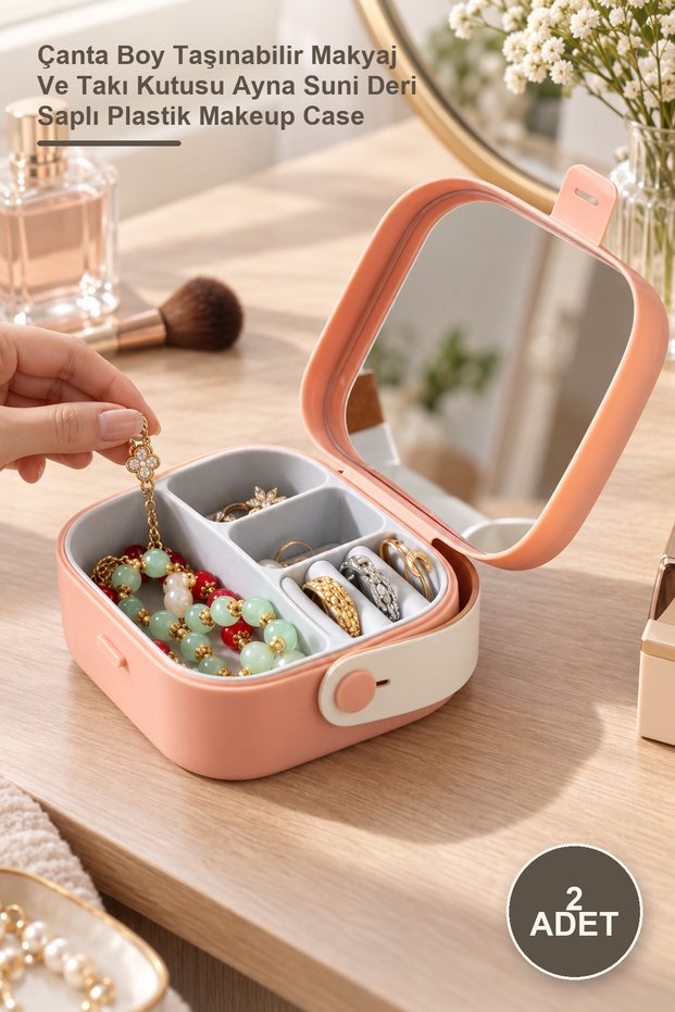 2 Pieces Mirrored Makeup Box – Handbag Size Portable Makeup and Jewelry Box with Mirror, Faux Leather Handle, Plastic Makeup Case