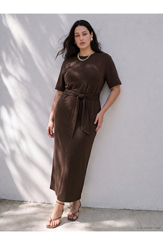 Two Mt Shop Quality Lcw Curve Brown Plain Standard & Regular Oval Neck Long Dress