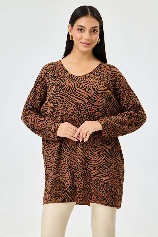 Cocoa Italian Zebra Leopard Pattern Long Sleeve Lycra Oversize Long Blouse 38 - 48 Size