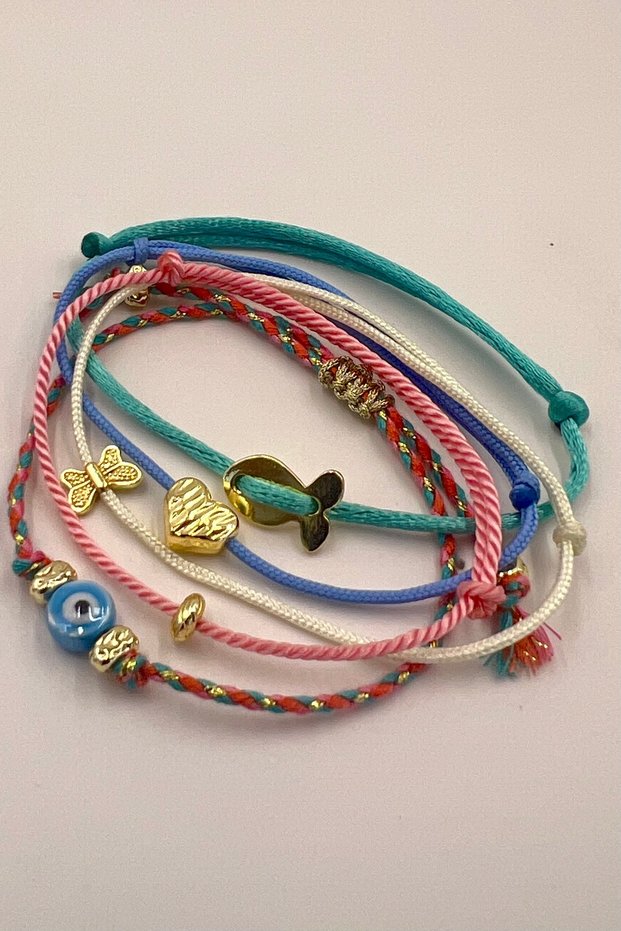 Ceramic Evil Eye Beads & Gold Object Pink Blue Turquoise Rope Bracelet Set 5 Pieces