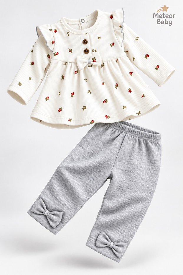 Baby Girl Set Floral Patterned Ruffle Bow Detailed 2-Piece Top and Bottom Set 3 6 9 12 Months