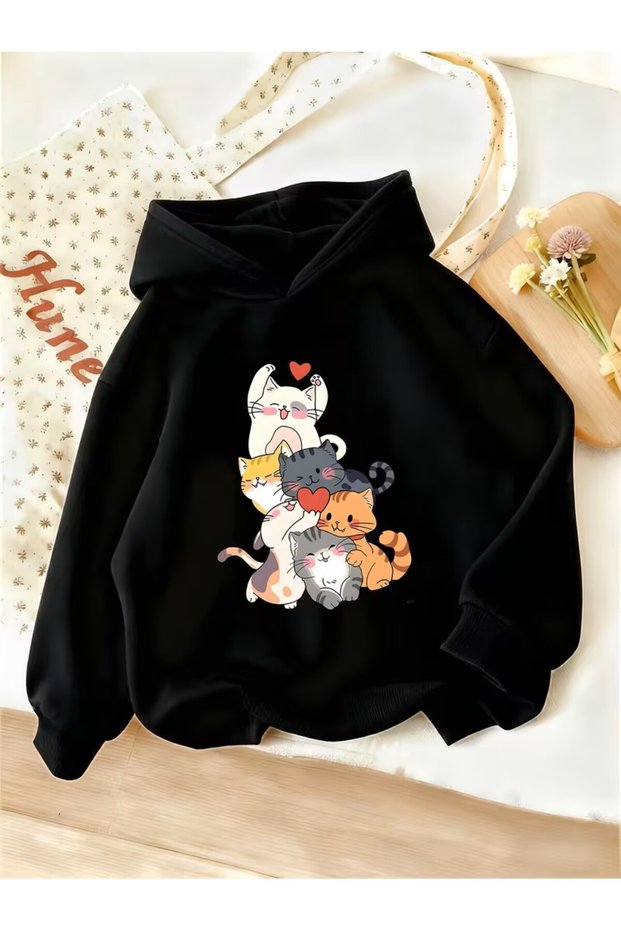 Hooded Casual Sweatshirt, Fashion Trend Cute Cat Heart Printed Top