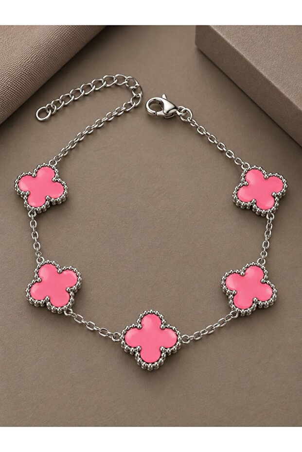 316L Steel Silver Chain Pink Color Clover Bracelet