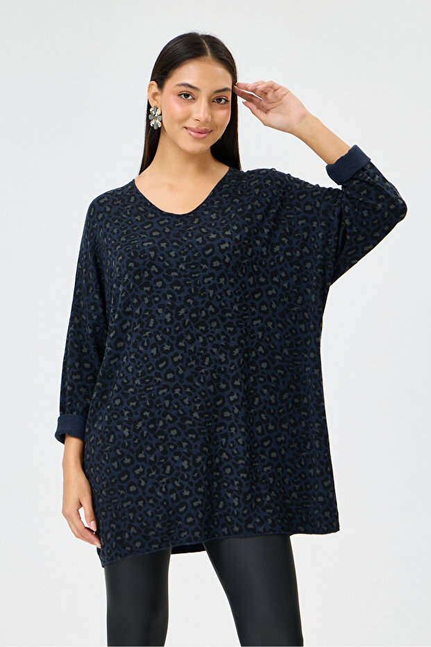 Navy Blue Italian Leopard Pattern Long Sleeve Lycra Oversize Long Blouse 38 - 48 Size