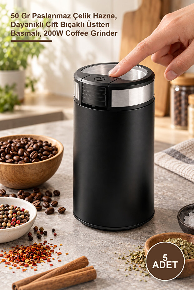 5 Pieces Coffee and Spice Grinder Machine – 50 Gr Stainless Steel Bowl, Durable Double Blade Top Press, 200W Coffee Grinder