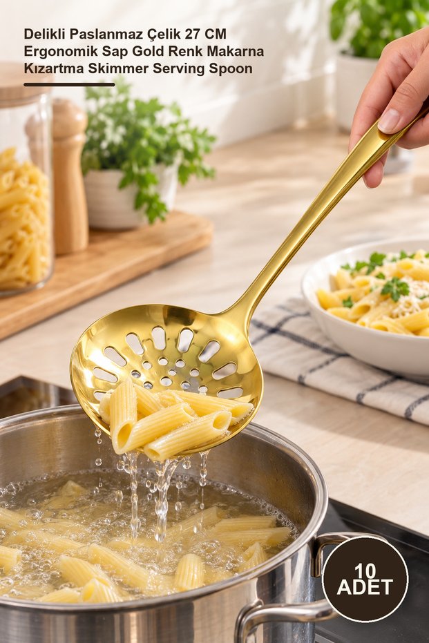 10 Pieces Metal Serving Colander - Perforated Stainless Steel 27 cm Ergonomic Handle Gold Color Pasta Frying Skimmer Serving Spoon