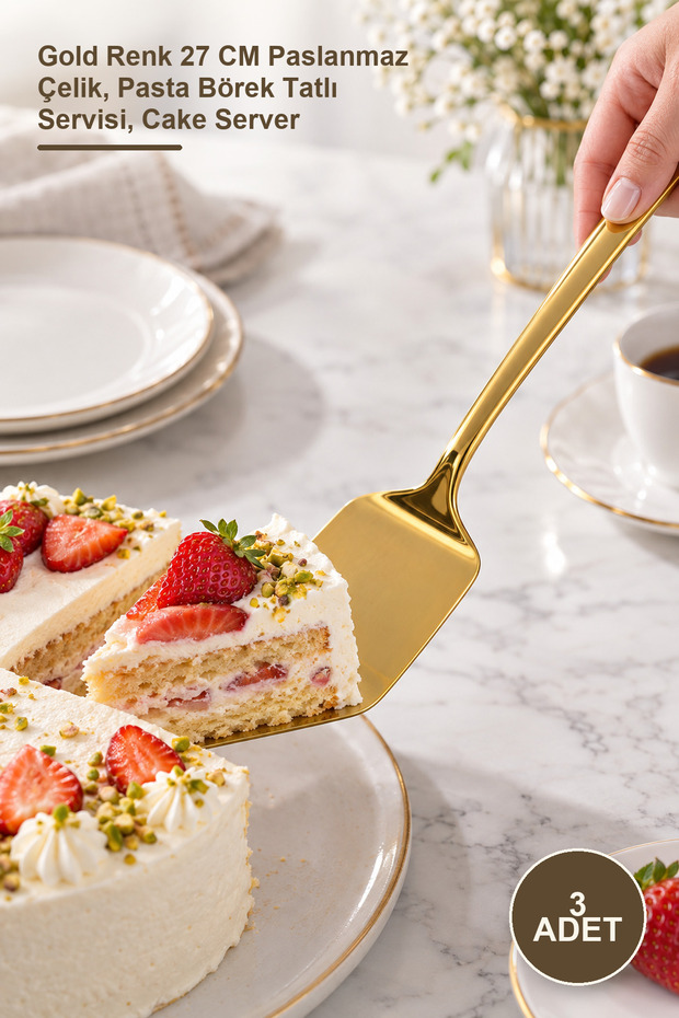 3 Pieces Metal Serving Spatula – Gold Color 27 cm Stainless Steel, Cake Pastry Dessert Serving, Cake Server