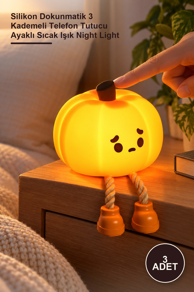 3 Pieces of Sad Pumpkin Night Light – Silicone Touchscreen 3-Stage Phone Holder with Stand Warm Light Night Light