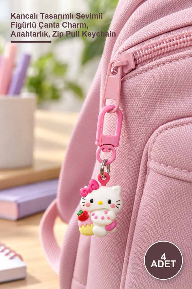 4 Pieces of Zipper Charms – Cute Figure-Shaped Bag Charm with Hook Design, Keychain, Zip Pull Keychain