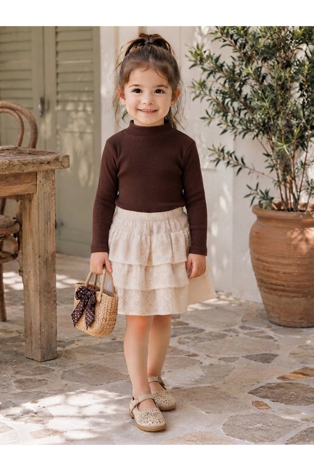 Girl's Half Turtleneck Brown Blouse and Cream Scallop Detailed Ruffle Skirt Two-Piece Set