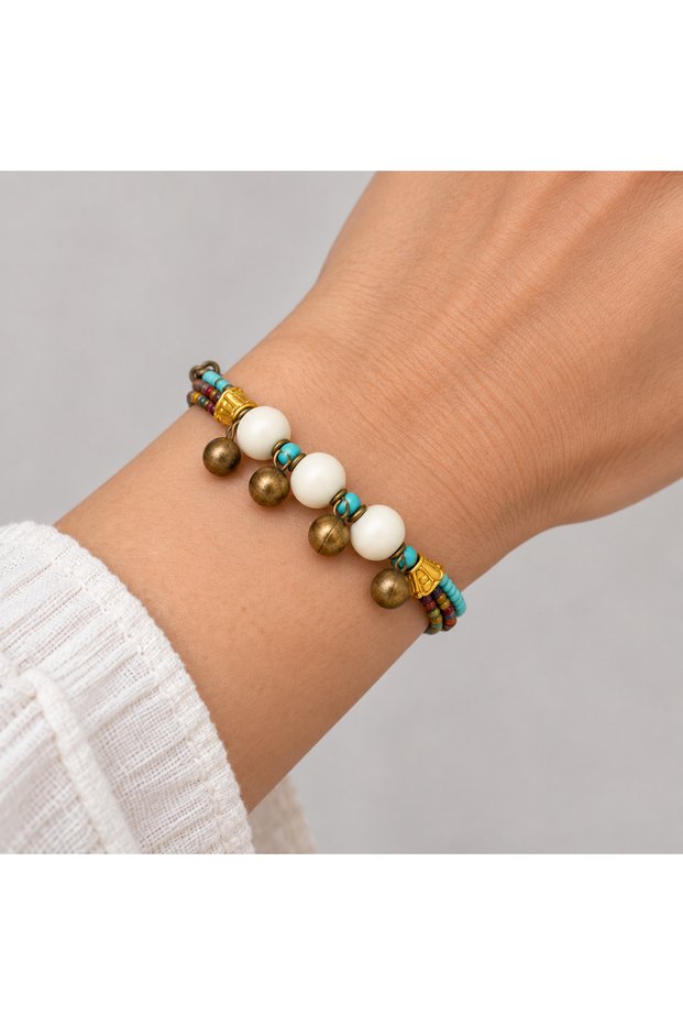 Turquoise and Multicolored Beaded Double Row Bracelet with Dangle Stylish Accessory