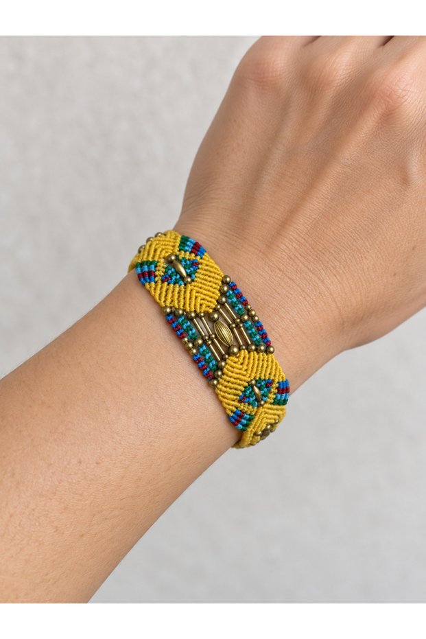 Handmade Yellow Macrame Bracelet with Bead Detail, Colorful Ethnic Patterned Women's Accessory
