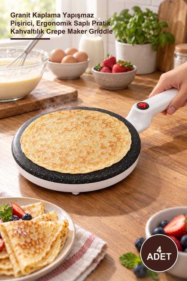 4-Piece Pancake and Crepe Maker – Granite Coated Non-Stick Cooker, Practical Breakfast Crepe Maker Griddle with Ergonomic Handle