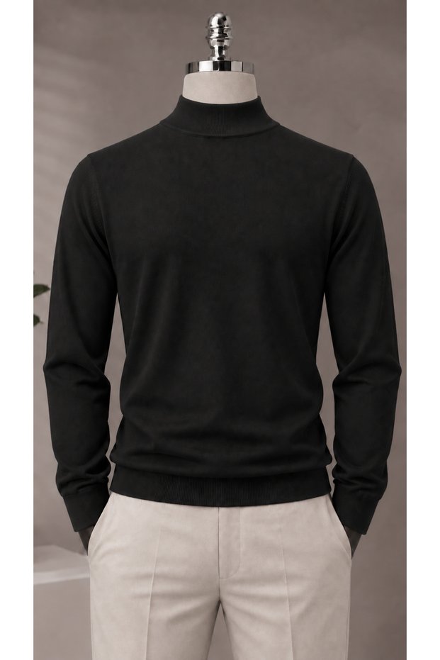 Men's Slim Fit Soft Textured Non-Pilling Black Half Turtleneck Knitwear Sweater