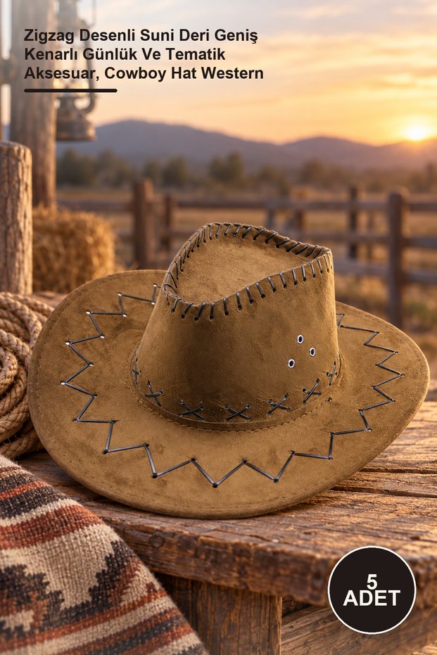 5 Pieces Cowboy Model Hats – Zigzag Patterned Faux Leather Wide Brim Casual and Themed Accessory, Cowboy Hat Western