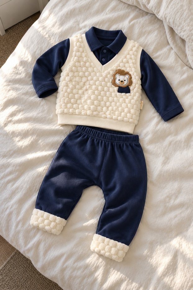 Baby Boy Set with Lion Detail, One-Piece Top and 2-Piece Bottom and Top Set