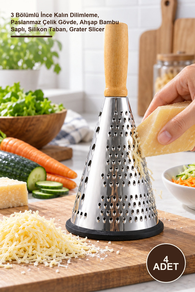 4 Pieces Funnel Model Grater – 3-Section Fine Coarse Slicer, Stainless Steel Body, Wooden Bamboo Handle, Silicone Base, Grater Slicer