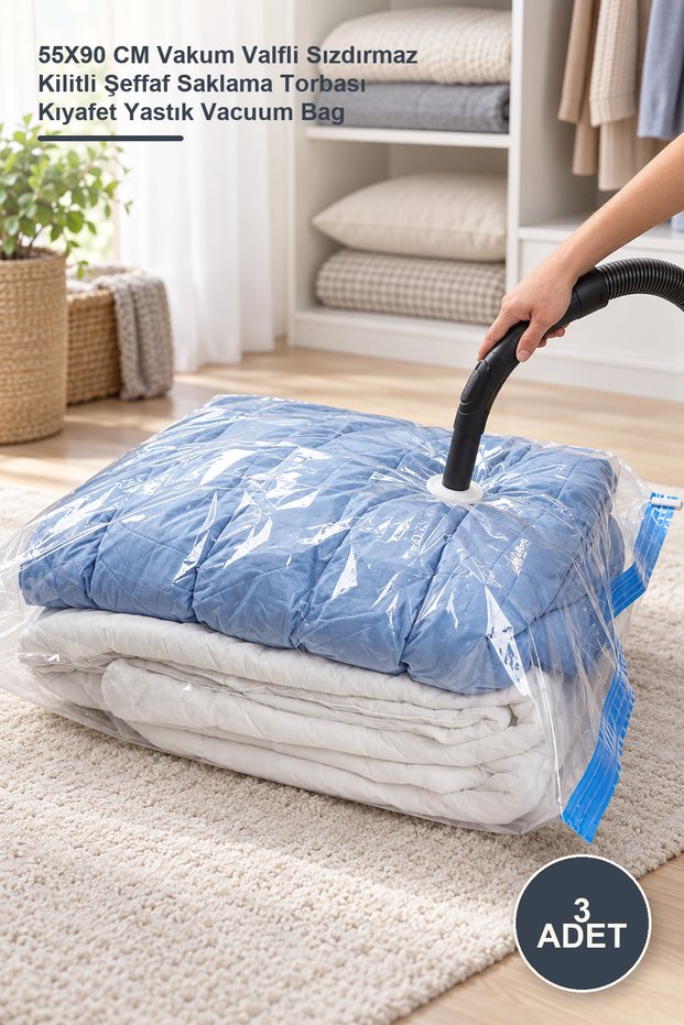 3 Pieces Vacuum Storage Bags – 55X90 cm Vacuum Valve Sealed Leak-Proof Ziplock Transparent Storage Bag for Clothes and Pillows Vacuum Bag
