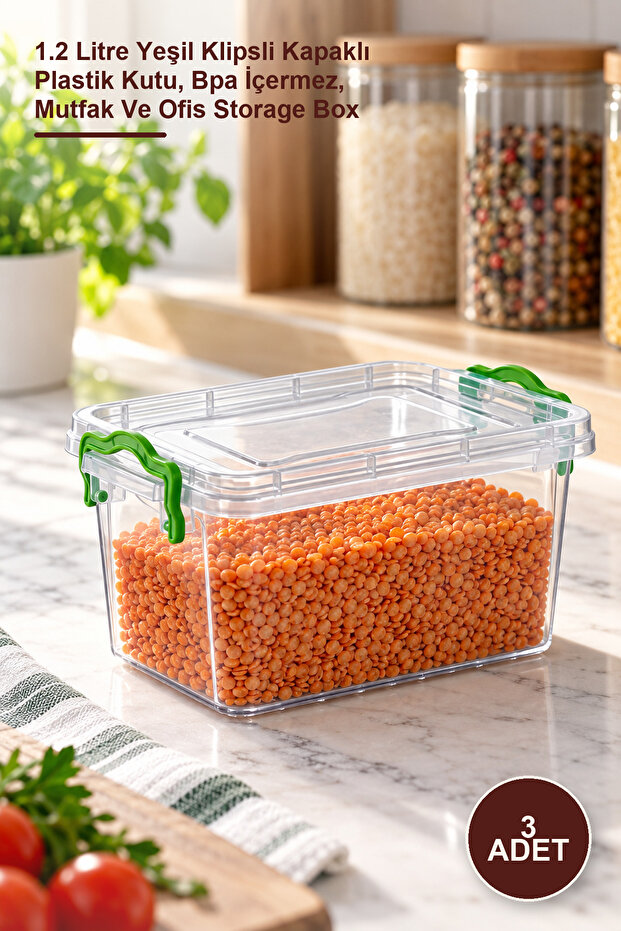 3 Pieces Transparent Storage Box – 1.2 Liter Green Plastic Box with Clip-On Lid, Bpa-Free, Kitchen and Office Storage Box