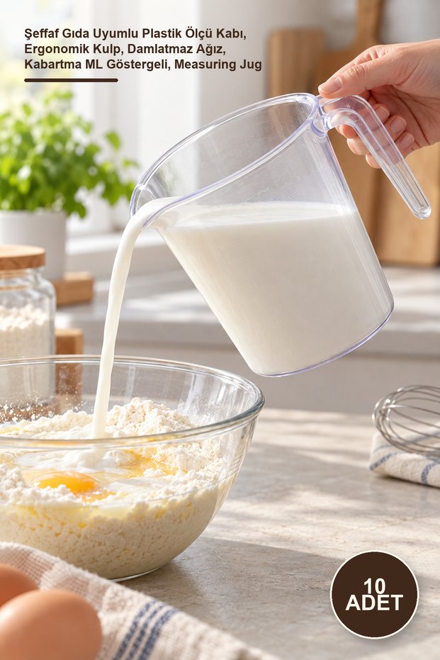 10 Pieces 1 Liter Measuring Cup – Transparent Food-Grade Plastic Measuring Cup, Ergonomic Handle, Drip-Free Spout, Embossed ml Scale, Measuring Jug
