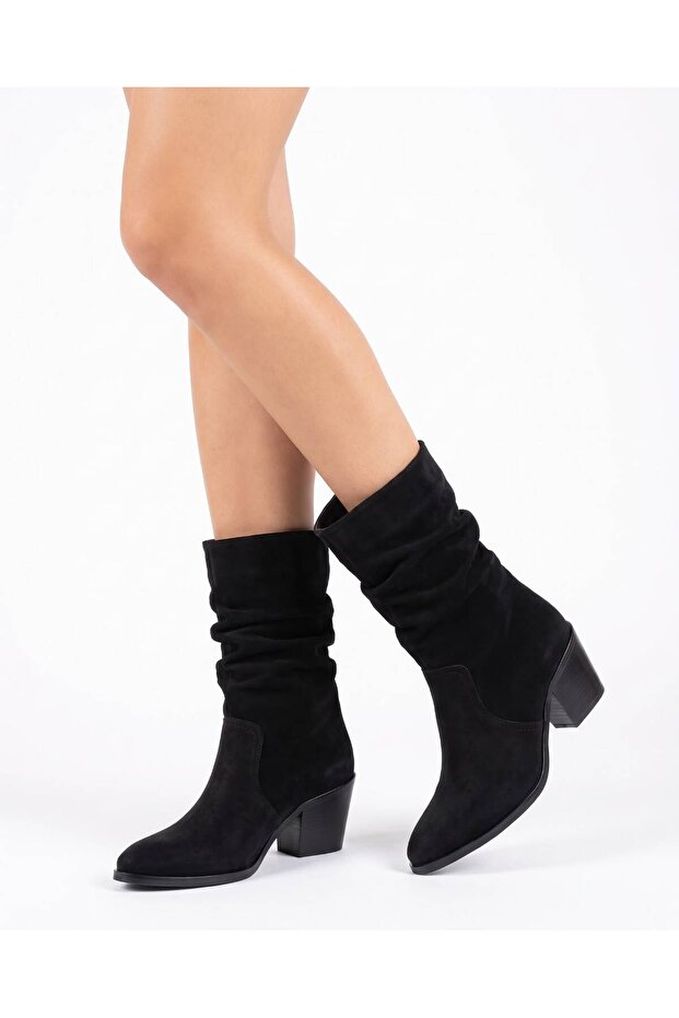 Kod.105, Western Style, Low-Cut, Thick Heel, No Laces or Zippers, Bellows Boots, Genuine Leather