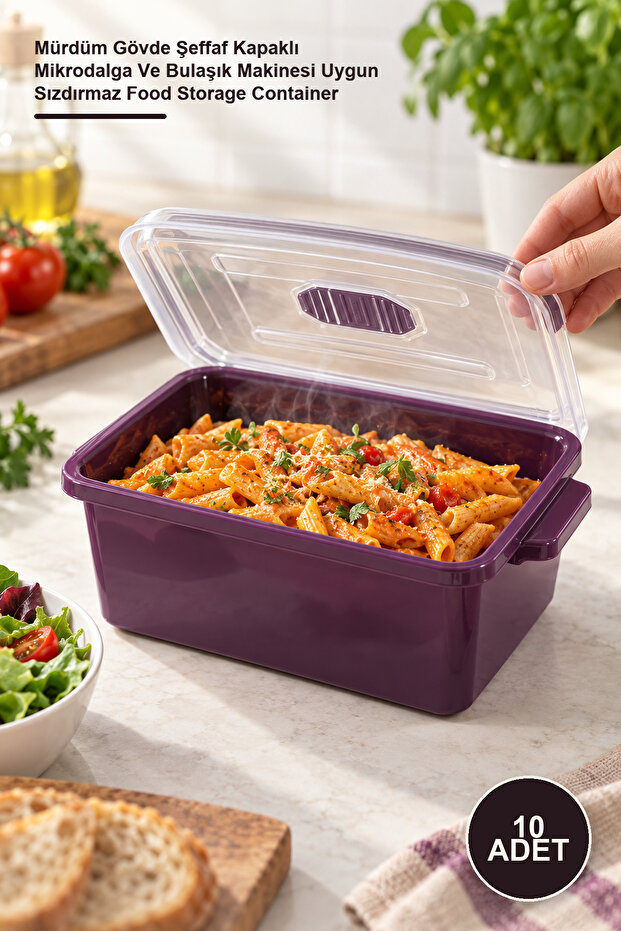 10-Piece Rectangular Microwave Storage Container Set – Plum Body with Transparent Lid, Microwave and Dishwasher Safe, Leak-Proof Food Storage Container