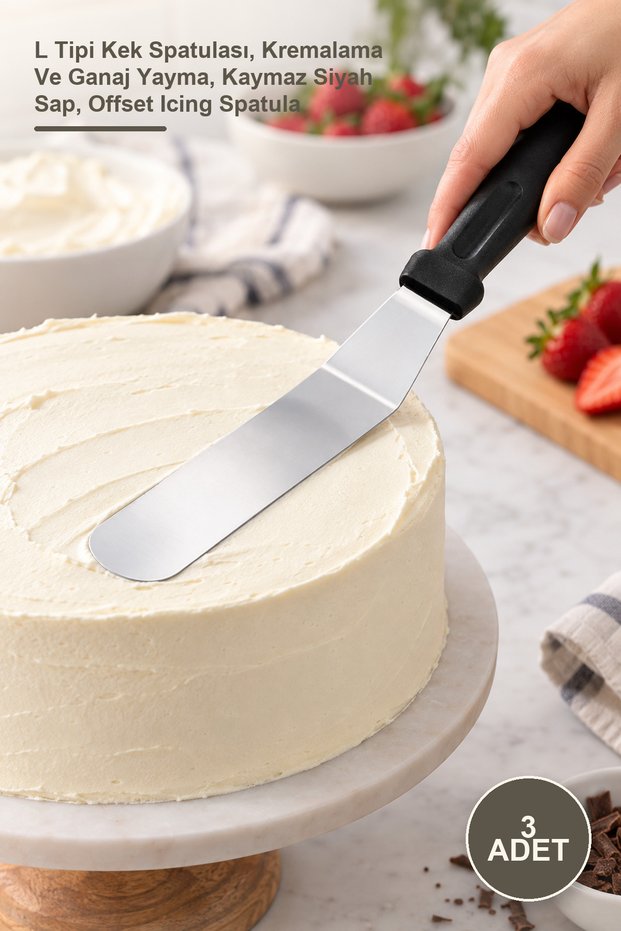3 Pieces Stainless Steel L-Type Pastry Spatulas – L-Type Cake Spatula, for Basting and Ganache Spreading, Non-Slip Black Handle, Offset Icing Spatula