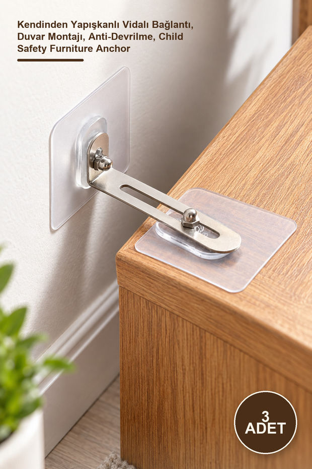 3 Pieces of Furniture Fixing Devices – Self-Adhesive Screw Connection, Wall Mounting, Anti-Tipping, Child Safety Furniture Anchor
