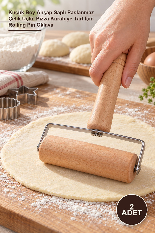 2 Pieces of Dough Rolling Pins - Small Size Wooden Handle with Stainless Steel Tip, Rolling Pin Rolling Pin for Pizza Cookie Tart