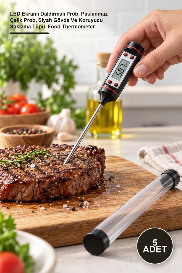 5 Pieces Digital Food and Kitchen Thermometer – Immersion Probe with Led Display, Stainless Steel Probe, Black Body and Protective Storage Tube, Food Thermometer