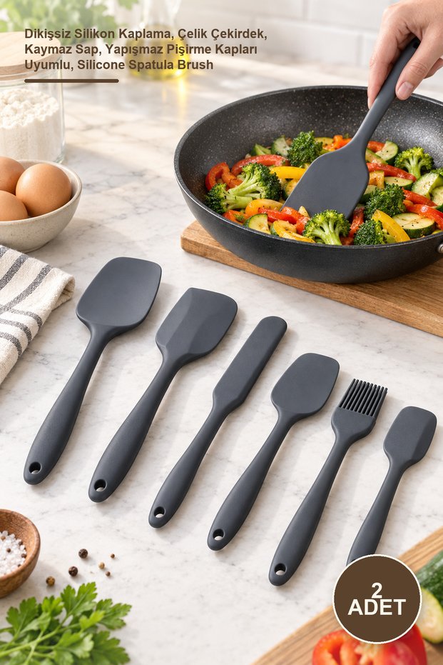 2-Piece Silicone Spatula and Brush Set – Seamless Silicone Coating, Steel Core, Non-Slip Handle, Compatible with Non-Stick Cookware, Silicone Spatula Brush