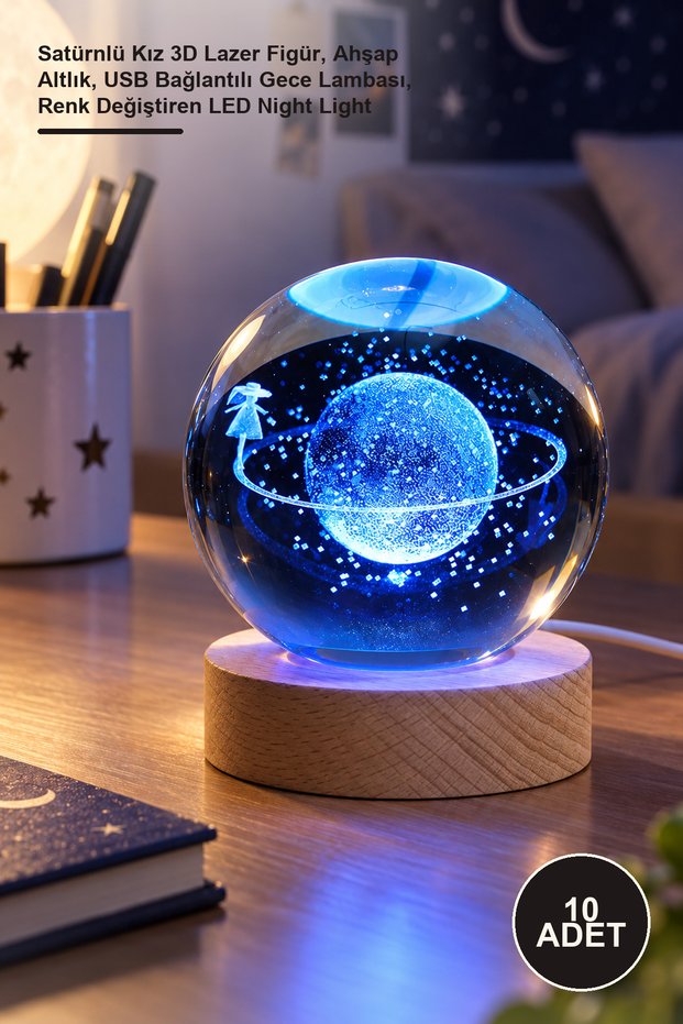 10 Pieces of Lighted Crystal Glass Balls – Saturn Girl 3D Laser Figure, Wooden Base, USB Connected Night Light, Color Changing Led Night Light