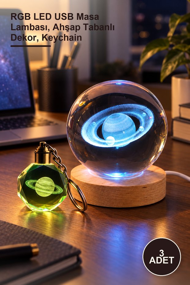 3-Piece Illuminated Saturn Crystal Glass Globe and Keychain Set – Rgb Led USB Table Lamp, Wooden Base Decor, Keychain