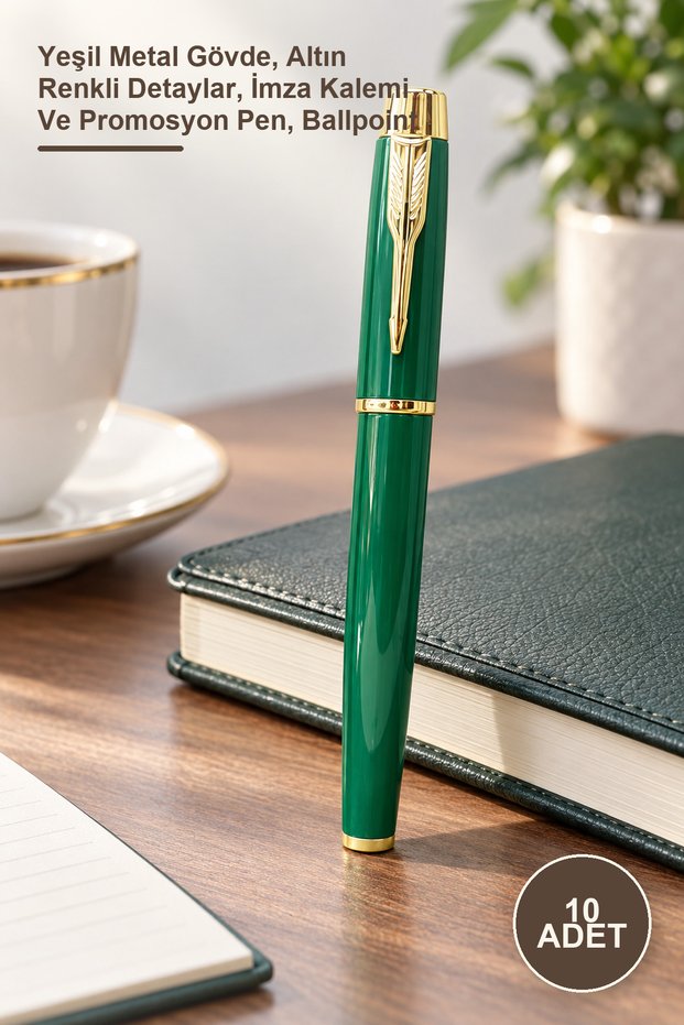 10 Pieces Metal Ballpoint Pens – Green Metal Body, Gold-Colored Details, Signature Pen and Promotional Pen, Ballpoint