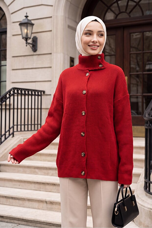 Half-High Collar, Buttoned Front, Casual Knitwear Cardigan - Red