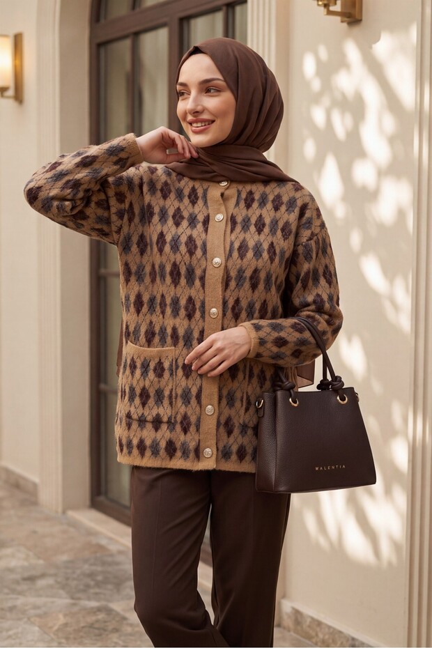 Double Pocket Patterned Buttoned Soft Knitwear Cardigan - Cinnamon