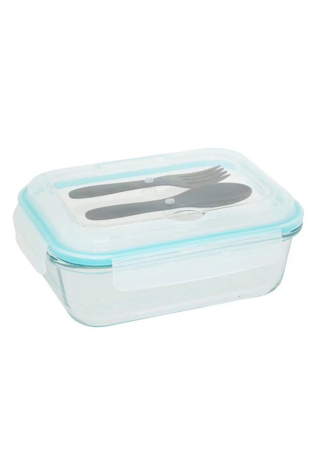 Clipeat Glass Lunch Box with Cutlery (1 L, 20 x 16 x 7.5 cm)