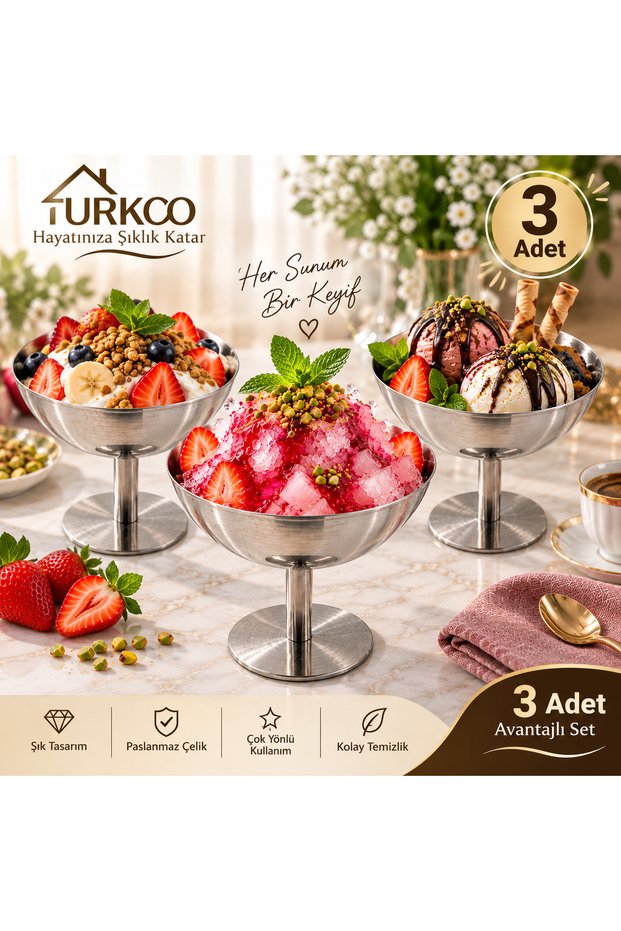 Stainless Steel Footed Ice Cream and Dessert Bowl, Stylish Presentation Bowl 11 cm 3 Pieces