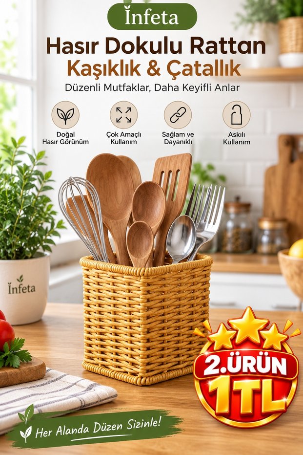 Square Wicker Textured Plastic Rattan Multi-Purpose Organizer with Spoon and Fork Holder