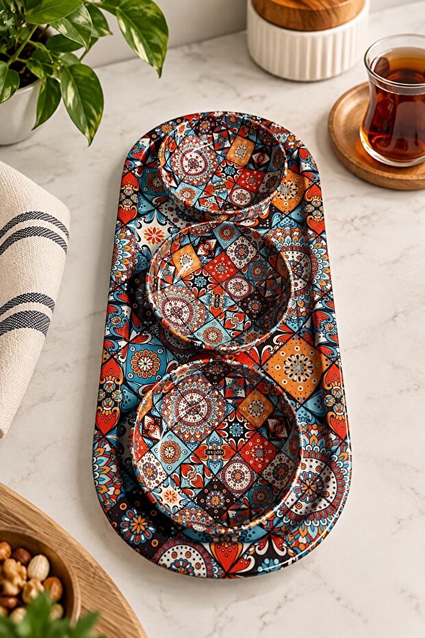 Authentic Patterned 4-Piece Presentation Set - 3-Piece Snack Bowl, Sauce Bowl, and Oval Presentation Tray - Unbreakable Coffee Side Dish Serving Set - Luxurious Kitchen and Dowry Gift with Traditional Motifs