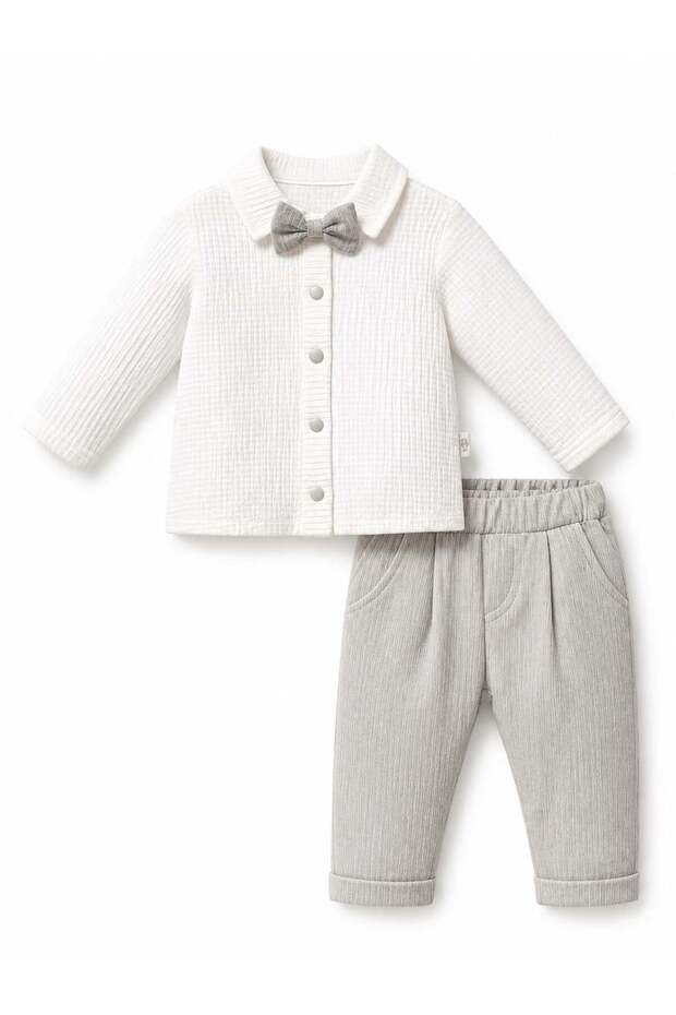 Tongs baby boy bowtie muslin shirt and pants bottom top two-piece set 0-2 years gray
