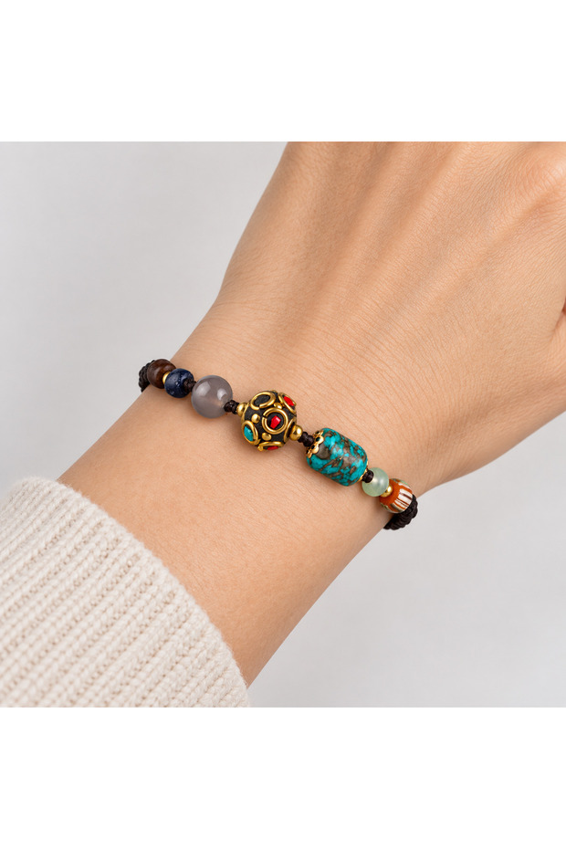 Brown Braided Beaded Ethnic Design Women's Bracelet with Turquoise Detail